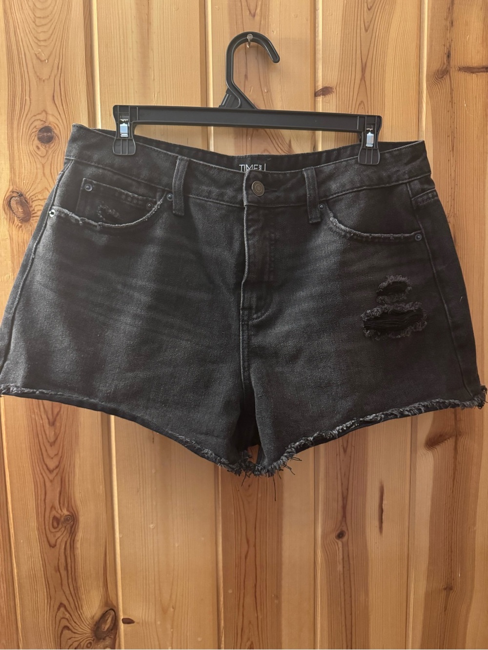 Time and Tru Black Distressed High Waist Denim Shorts
